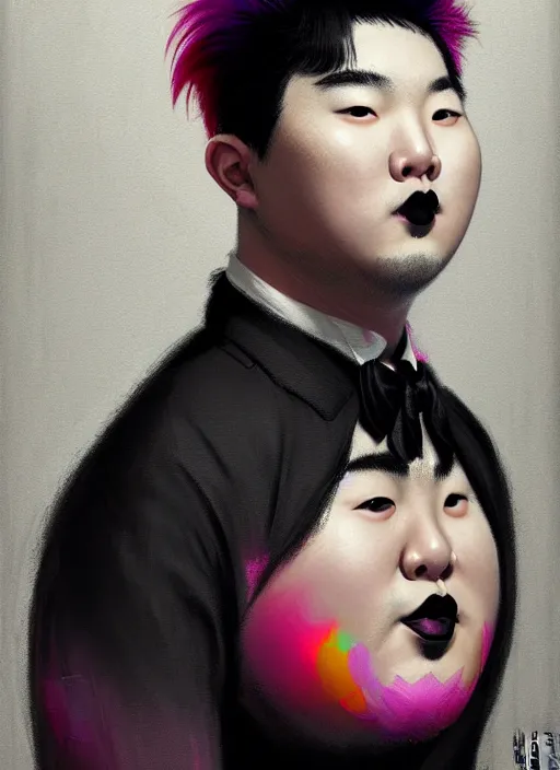 Image similar to portrait of a plump korean man with a crooked nose and a confident expression, 1 9 6 0 s, black clothes, goth, punk, brightly coloured hair, funk, intricate, elegant, highly detailed, digital painting, artstation, concept art, smooth, sharp focus, illustration, art by wlop, mars ravelo and greg rutkowski