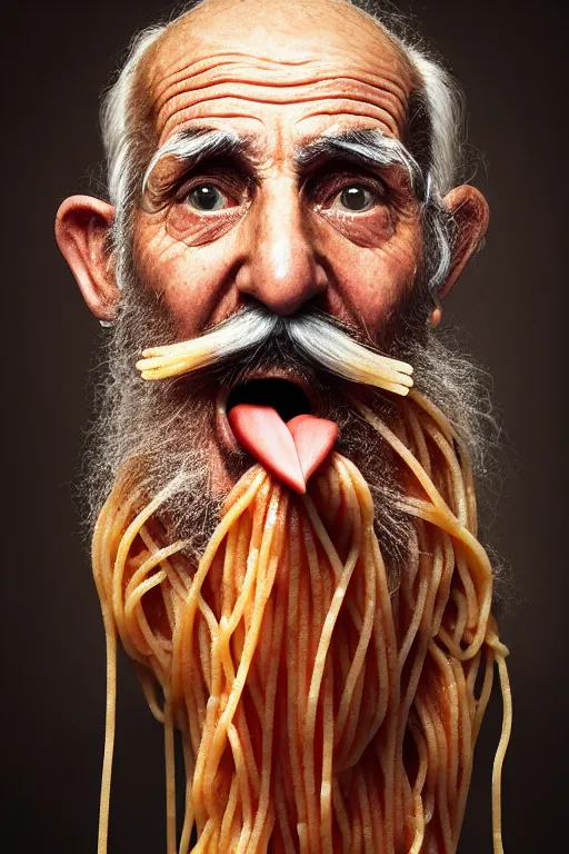 Image similar to extremely detailed portrait of old italian cook, spaghetti mustache, slurping spaghetti, spaghetti in the nostrils, spaghetti hair, spaghetti beard, huge surprised eyes, shocked expression, scarf made from spaghetti, full frame, award winning photo by michal karcz and yoshitaka amano