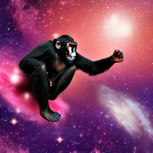 Prompt: a chimpanzee floating through outer space reaching out and touching nebula with it's finger, digital art, 8k