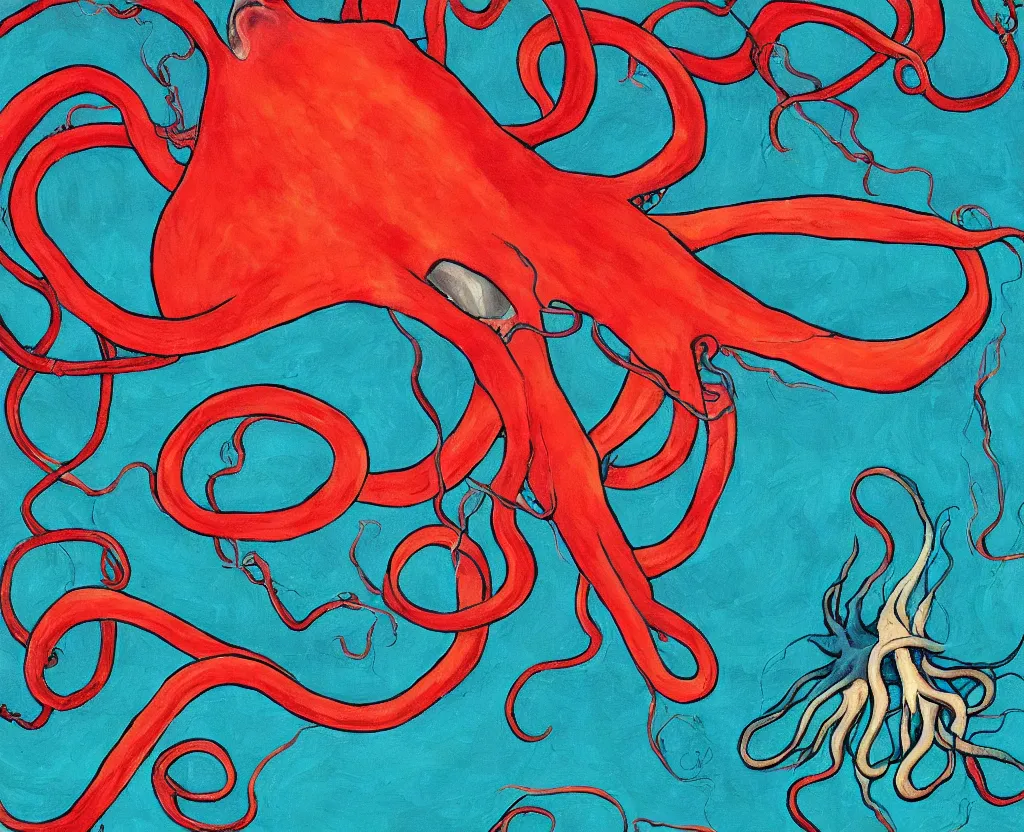 Prompt: a painting of a giant squid with evil tentacles menacing the world, saturated color scheme