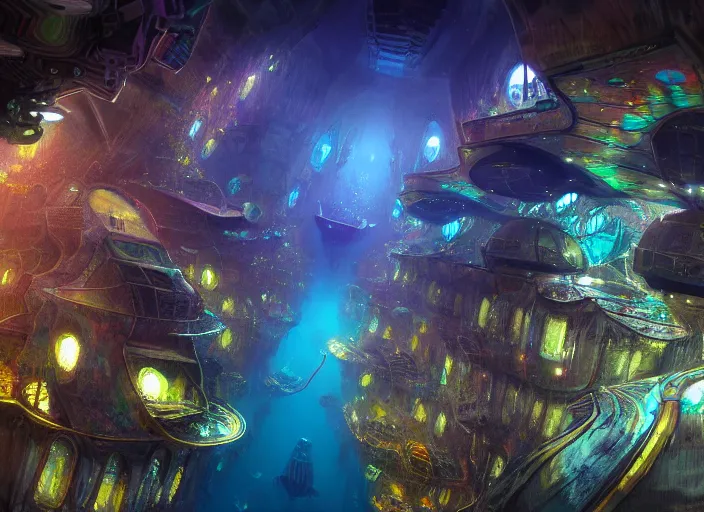 Image similar to favela spaceship cathedral, underwater environment, sorcery, scenery, professional, award - winning, trending on artstation, hyper detailed, realistic, beautiful, emotional, shiny, colorful, picture