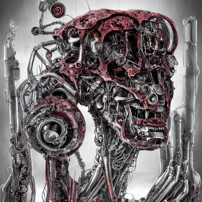 Prompt: in the art style of H.R. Giger a portrait of an evil, demented battle-damaged ruby Ultron from Age of Ultron, clockwork steampunk, head and chest only, by Beksinski, 4k, deviantart, trending on artstation, bio-chemical, bionic, fiber-optics, wires, electrical, short circuit, robocop, terminator, t-800, T-1000, endoskeleton, steampunk