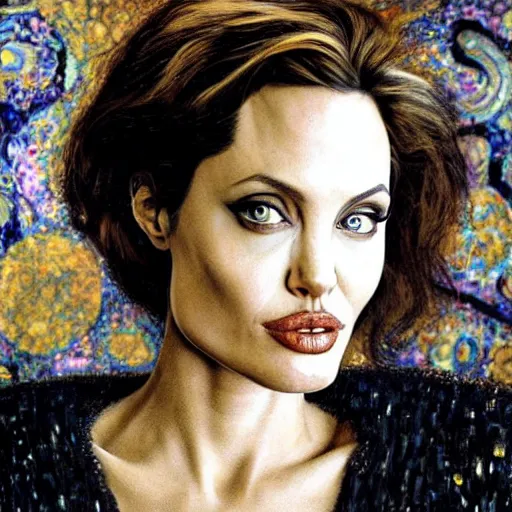 Image similar to an amazing award winning photo of angelina jolie as of adele bloch - bauer by gustav klimt