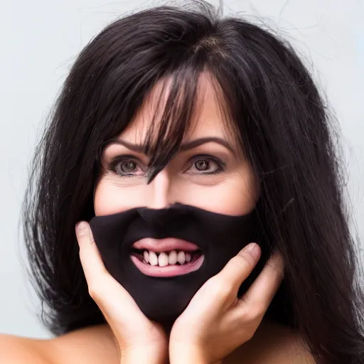 Image similar to dark eerie woman holding a realistic mask partially covering her wicked grin