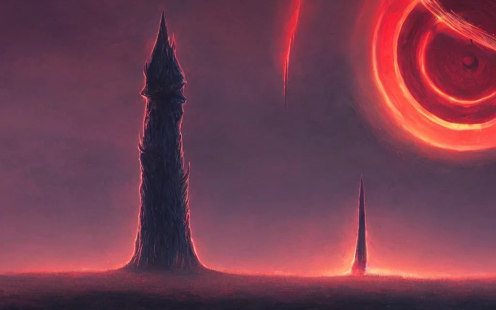 Prompt: Beautiful close-up painting of a Dark Tower in a lonely field, with glowing Eye floating above it. Deep Reds and Oranges. Rendition by Tyler Edlin. Fantasy artwork inspired by Lord of the Rings' Eye of Sauron. 4K HD Wallpaper.