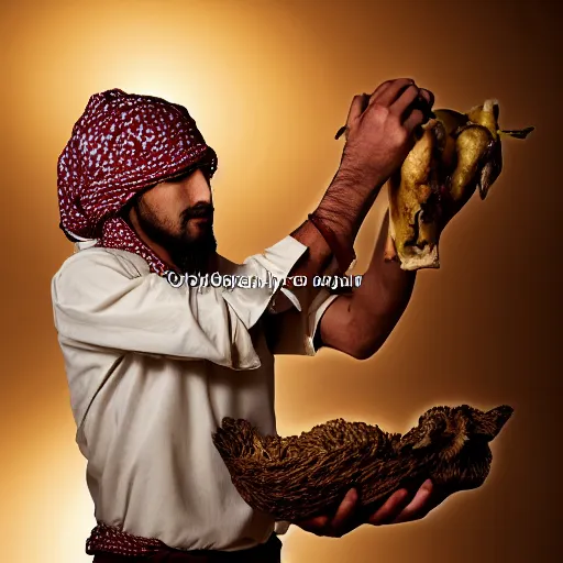 Image similar to 18 year old middle eastern skinned man in ancient Canaanite clothing holding a plate of rotten fruit. A 22 year old middle eastern skinned man in ancient Canaanite clothing carrying a beautiful goat, dramatic angle, 8k hdr pixiv dslr photo