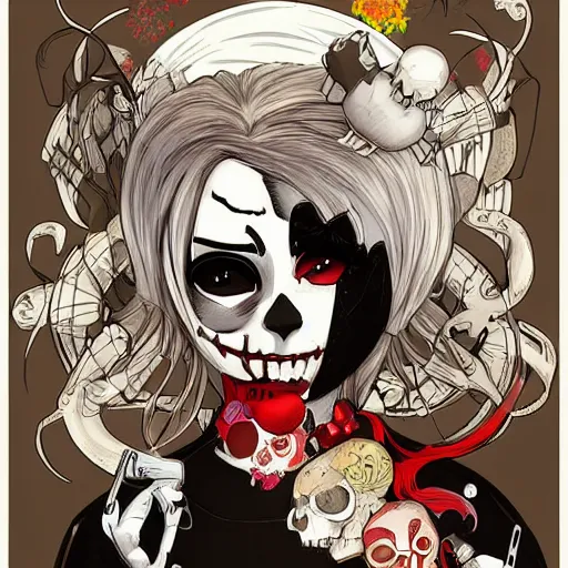 Prompt: anime manga skull portrait girl female HarleyQuinn skeleton illustration sunset art Geof Darrow and Ashley wood and Ilya repin and alphonse mucha pop art nouveau