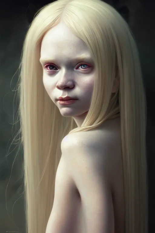 Image similar to Close-up portrait of young albino girl, long blonde hair, dark fantasy, portrait, highly detailed, digital painting, artstation, concept art, sharp focus, illustration, art by artgerm and greg rutkowski and alphonse mucha