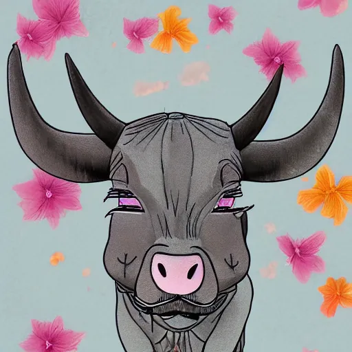 Image similar to gray paper + an intricate cute bull depiction + elaborate illustration, very detailed, deviantart, 8 k vertical wallpaper, tropical, colorful, airy, anime illustration, anime nature