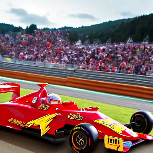 Image similar to lightning mcqueen from the movie cars driving in a formula one race on spa francorchamps, f 1, cars, highly detailed, golden hour,