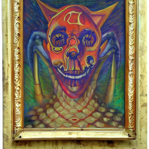 Image similar to portre of an autistic demon on acid, masonic and kabalistic symbols in background, oil painting