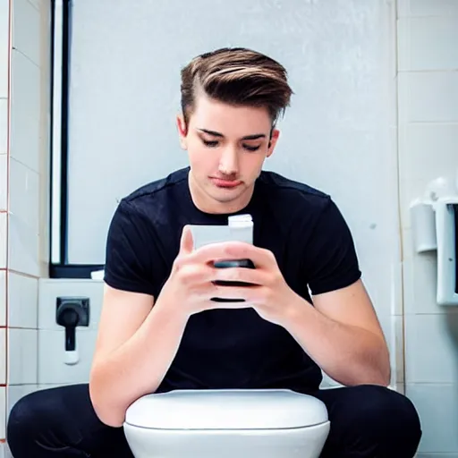 Prompt: dream an attractive young man sitting on top of the toilet drinking coffee and scrolling tiktok on his iphone, distant thoughtful look