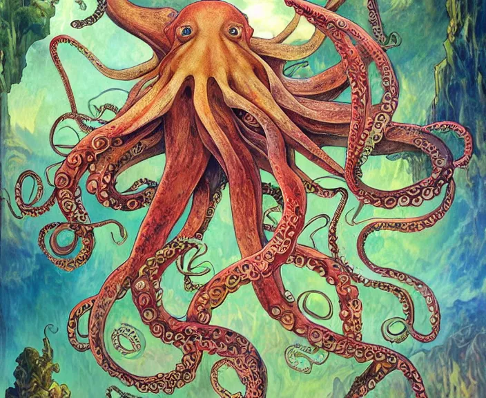 Image similar to portrait of an octopus themed wiman, full body shot, rule of thirds, amazing landscape in background, fantasy, whimsical, horror, art by riot games and chengwei pan and josephine wall and amanda sage and alphonse mucha, intricately detailed, highly detailed, luxurious, elegant, clean, unsettling, trending on artstation