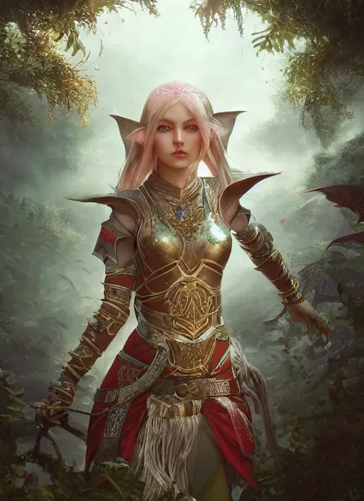 Image similar to Beautiful art portrait of a female fantasy elf noble in plate armour in a bright temple surrounded by lush forest, atmospheric lighting, intricate detail, cgsociety, hyperrealistic, octane render, RPG portrait, ambient light, dynamic lighting