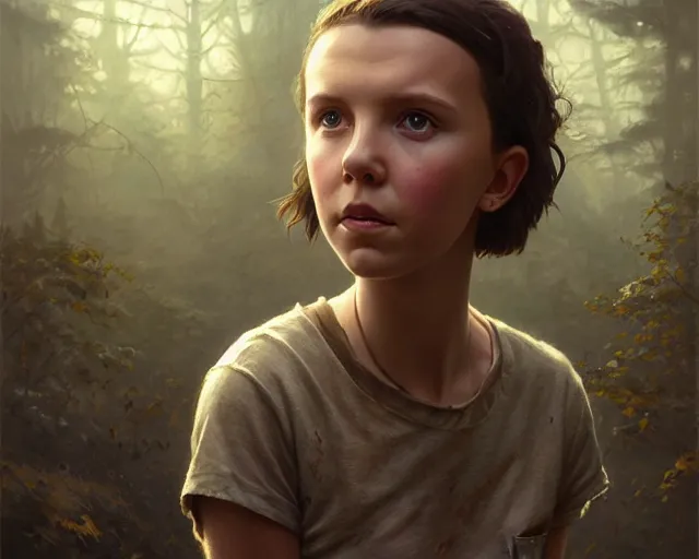 Image similar to highly detailed portrait of millie bobby brown, in the walking dead, stephen bliss, unreal engine, fantasy art by greg rutkowski, loish, rhads, ferdinand knab, makoto shinkai and lois van baarle, ilya kuvshinov, rossdraws, tom bagshaw, global illumination, radiant light, detailed and intricate environment