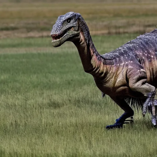 Prompt: blurry photograph of a dinosaur with feathers