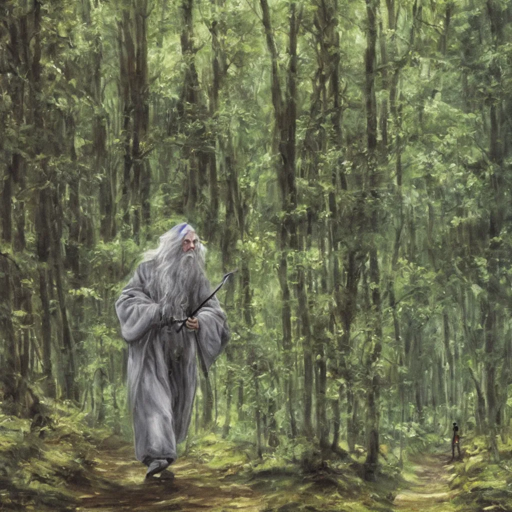 Image similar to Gandalf travelling trough the forest, oil painting