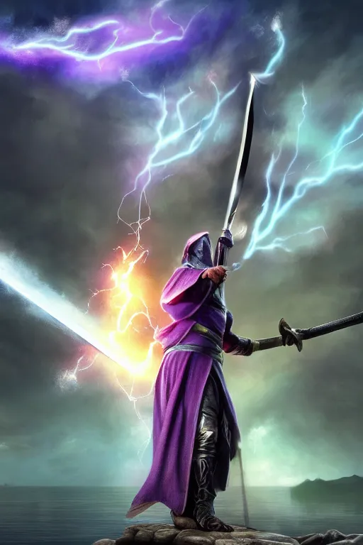 Prompt: fantasy, hyper realistic mystical wizard holding a sword that’s pointed towards the sky, sword is getting shocked by purple lightning, wizard is levitating over a lake, reflection, octane, trending on artstation, highly detailed, by Frank frazetta, 8k