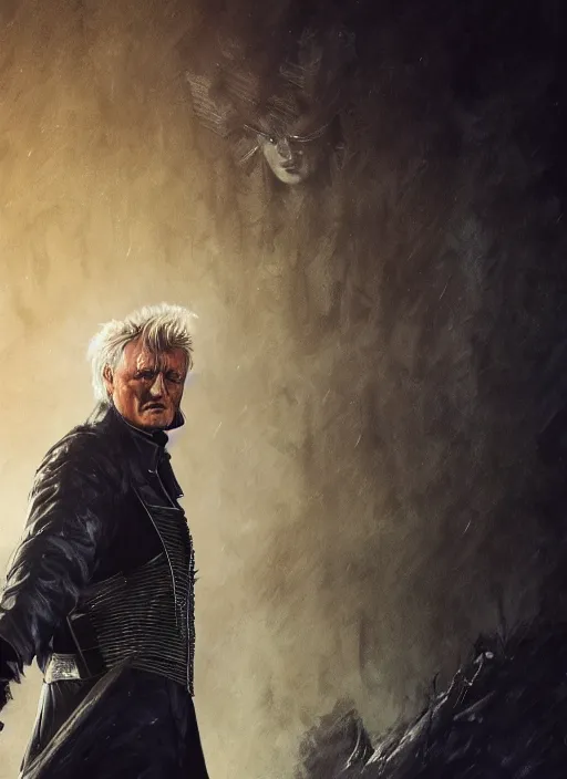 Image similar to A fantasy comic book style portrait painting of Rutger Hauer as a vampire hunter in a atmospheric dark fortress, unreal 5, DAZ, hyperrealistic, octane render, RPG portrait, ambient light, dynamic lighting