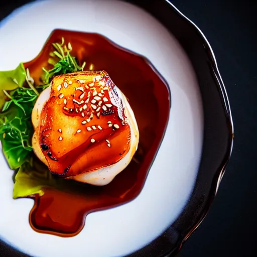 Image similar to miso glazed scallop main dish plated for michelin star, overhead shot, nikon d 7 3 0