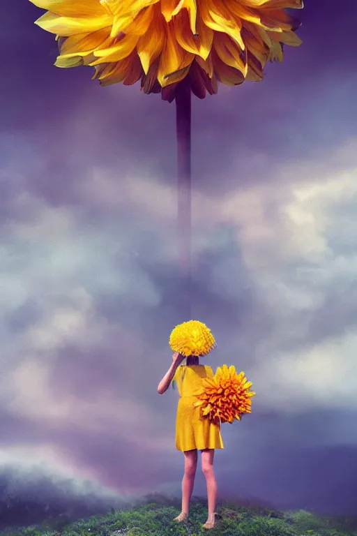 Prompt: closeup girl with massive yellow dahlia flower face, standing on mountain, surreal photography, blue storm clouds, dramatic light, impressionist painting, digital painting, artstation, simon stalenhag