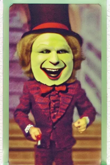 Prompt: a shaky Polaroid of Willy wonka smiling menacingly with blood smeared on the photo