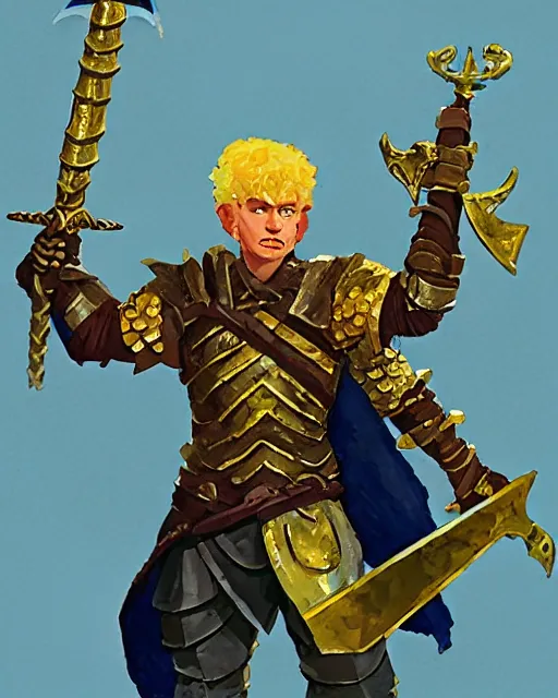 Image similar to beverly toegold the fifth, epic level dnd male halfling nature verdant paladin, wielding the golden holy avenger sword, wearing magical gleaming chainmail armor. full character concept art, realistic, high detail digital gouache painting by angus mcbride and michael whelan and jeffrey jones