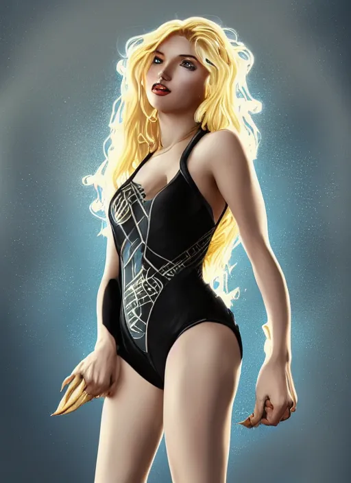 Image similar to portrait of slim young woman mischievous face and long blonde wavy hair dressed as a superhero in her early twenties, posing with her arms tucked behind her back, black canary, tight fit leotard, curvaceous, intricate detailed face, shiny, art by joshua middleton and greg rutkowski and alphonse mucha, dramatic lighting, unreal engine, 8 k