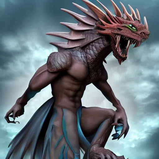 Image similar to Human and dragon fusion, 3D, digital art, detailed