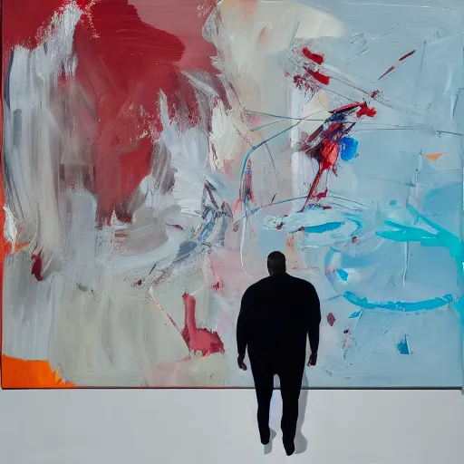 Image similar to _ in _ these _ paintings _ we _ see _ a _ big _ man _ who _ seem _ to _ be _ walking _ in _ circles in an empty void space, 4 k, in the style of ben quilty, minimal red and blue palette, medium shot, oil paint with thick brushstrokes of paint, impasto, detailed,