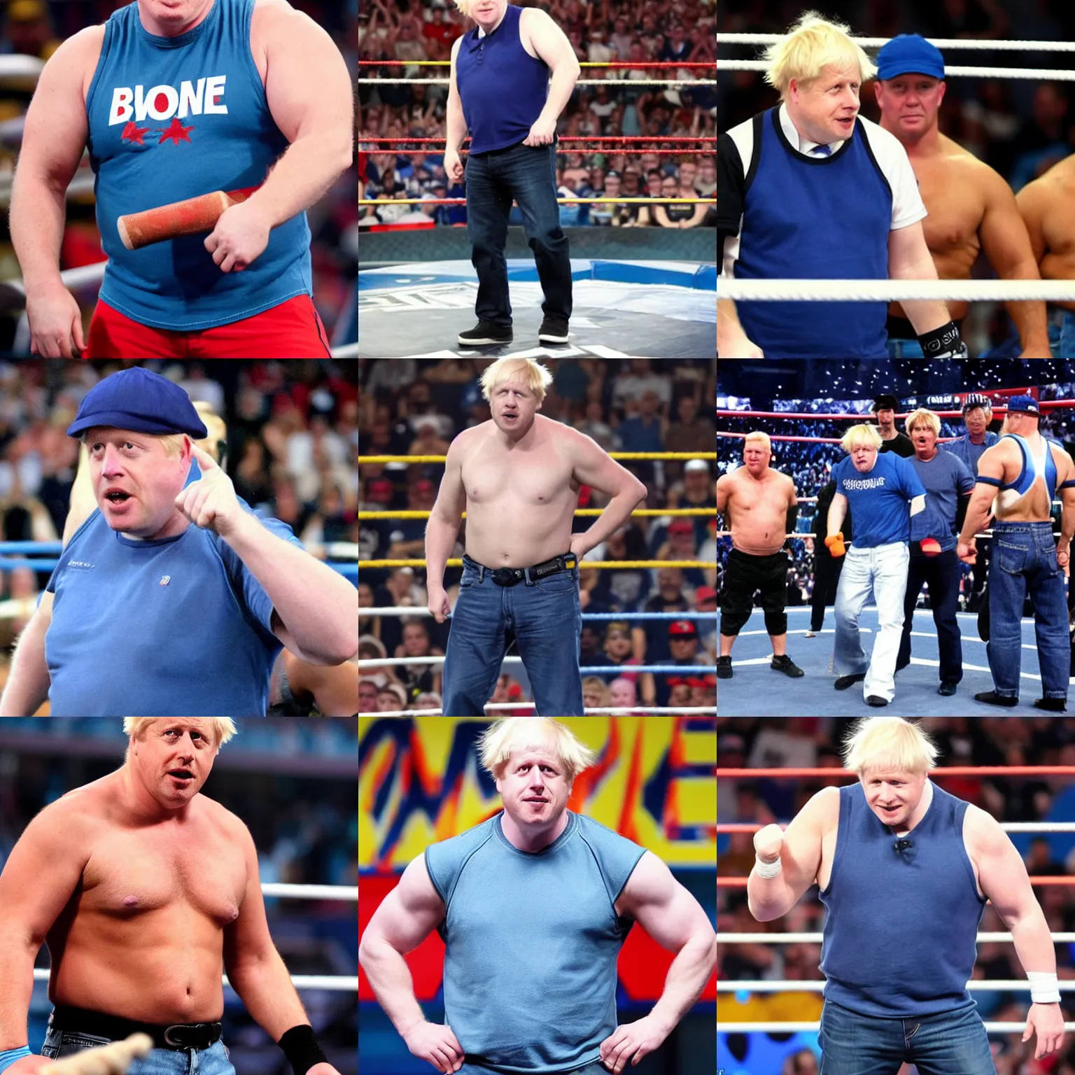 Prompt: boris johnson wearing a blue baseball cap hat and jeans in wwe as a muscular wrestler. he is holding one hand near his face