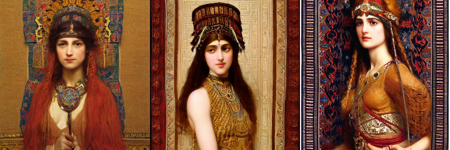 Image similar to orientalist portrait of a woman wearing an ornate mesopotamian headdress standing in front of tapestry carpet intricate artwork by john william waterhouse and Edwin Longsden Long and Theodore Ralli and Henryk Siemiradzki. trending on artstation, very coherent symmetrical artwork high detail 8k