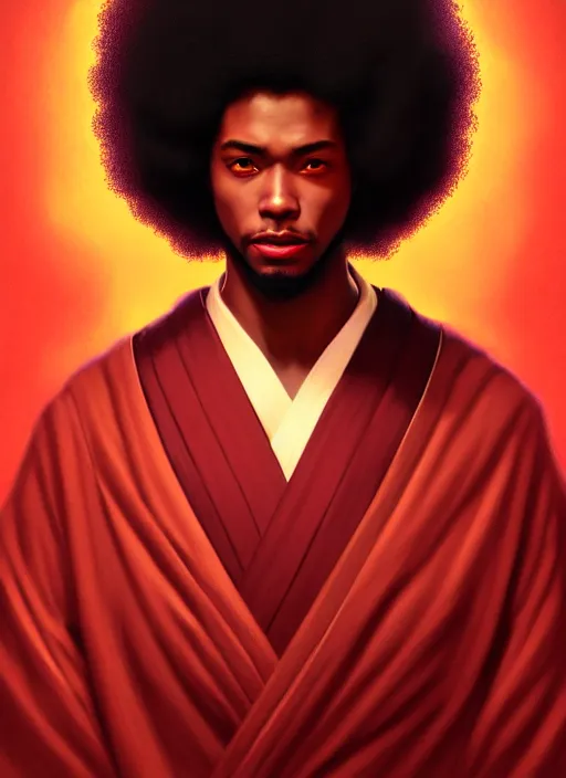 Image similar to photographic portrait of an handsome young black man with an afro and red eyes in a kimono, atmospheric lighting, elegant, highly detailed, digital painting, artstation, concept art, sharp focus, star wars, illustration, art by artgerm and greg rutkowski