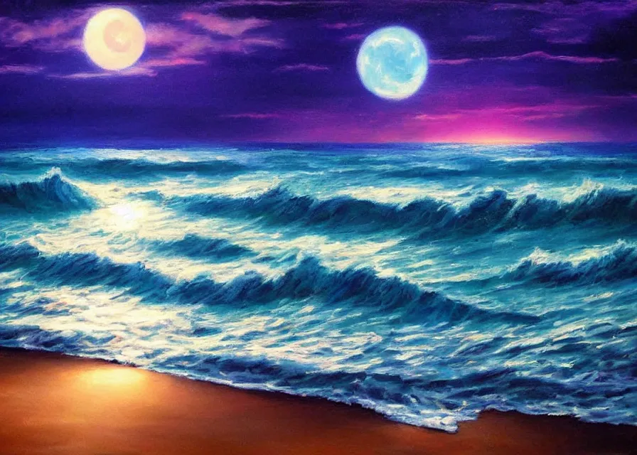 Prompt: beautiful night ocean in moonlight, colorful oil painting