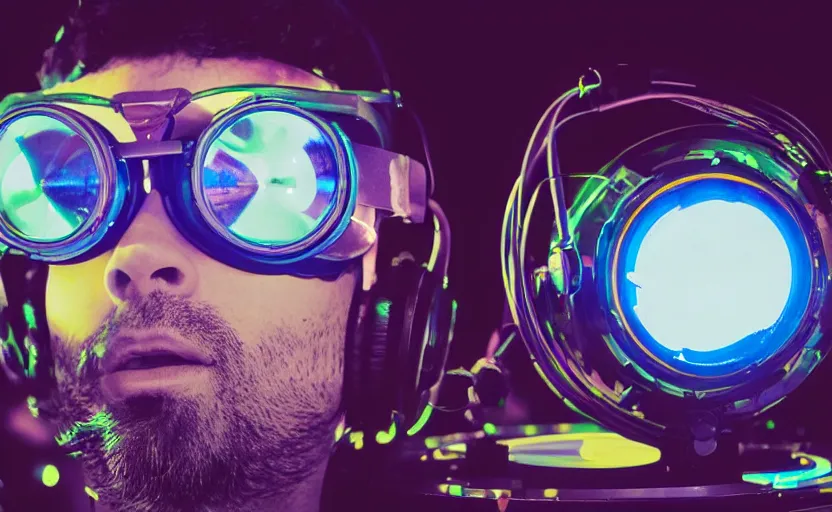 Image similar to a person wearing goggles and visor and headphones using a futuristic record player contraption, wires and tubes, turntablism dj scratching, intricate planetary gears, cinematic, imax, sharp focus, leds, bokeh, iridescent, black light, fog machine, hazy, lasers, hyper color digital art