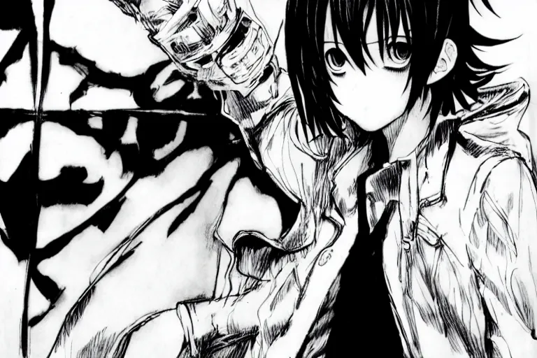 Prompt: L·Lawliet,Takeshi Obata,handsome