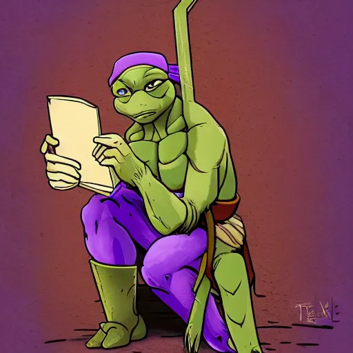 Image similar to Digital artwork of Donatello of the Teenage Mutant Ninja Turtles reading the Bible, trending on artstation