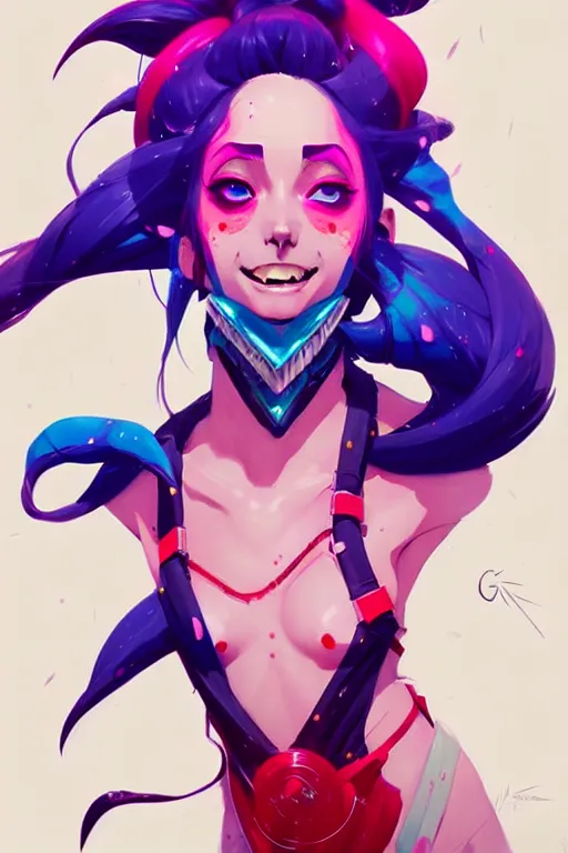 Image similar to a ultradetailed painting of jinx from league of legends by conrad roset, greg rutkowski and makoto shinkai trending on artstation