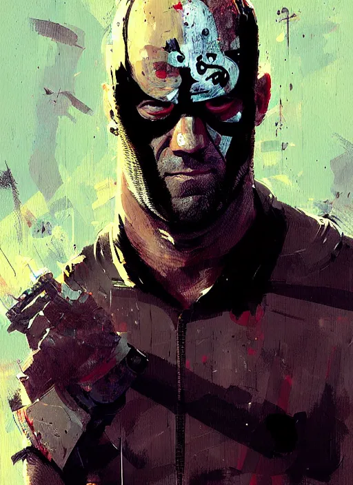 Image similar to jason statham as masked jaguar hero, by ismail inceoglu