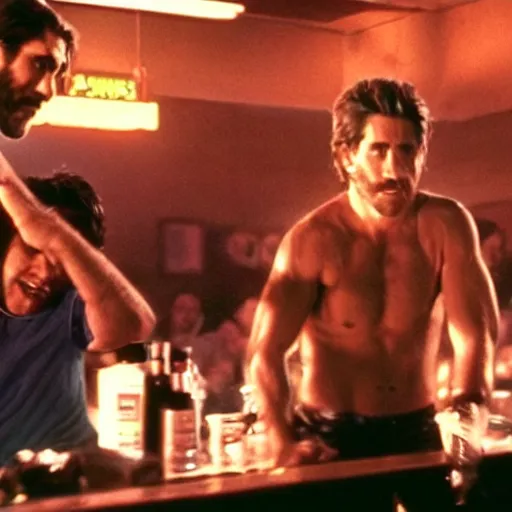 Image similar to cinestill of Jake Gyllenhaal fighting three men in a bar in the movie Road house