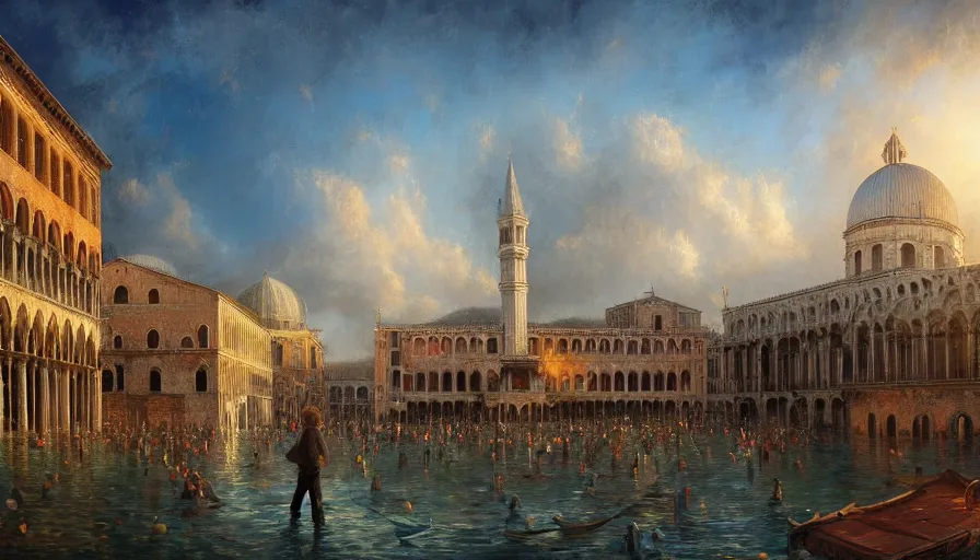 Prompt: bob ross surrounded by dozens of easels on the piazza san marco, medium shot, extremely detailed digital painting, vibrant colors, in the style of tomasz alen kopera and fenghua zhong and peter mohrbacher, mystical colors, rim light, beautiful lighting, 8 k, stunning scene, raytracing, octane, trending on artstation