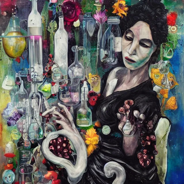 Prompt: black, portrait of a female art student in a hospital bed, sensual, smashed bottles, radio, wilted flowers, squashed berries dripping, octopus, scientific glassware, dripping paint, candlelight, neo - impressionist, surrealism, acrylic and spray paint and oilstick on canvas