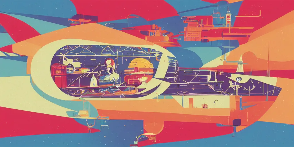 Image similar to ship in a bottle. illustration. multicolored. by tom whalen