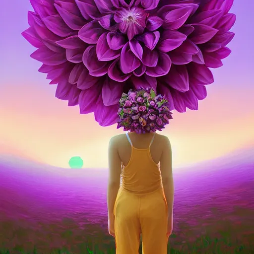 Image similar to portrait, giant purple dahlia flower head, woman in oasis, surreal photography, sunrise, blue sky, dramatic light, impressionist painting, digital painting, artstation, simon stalenhag