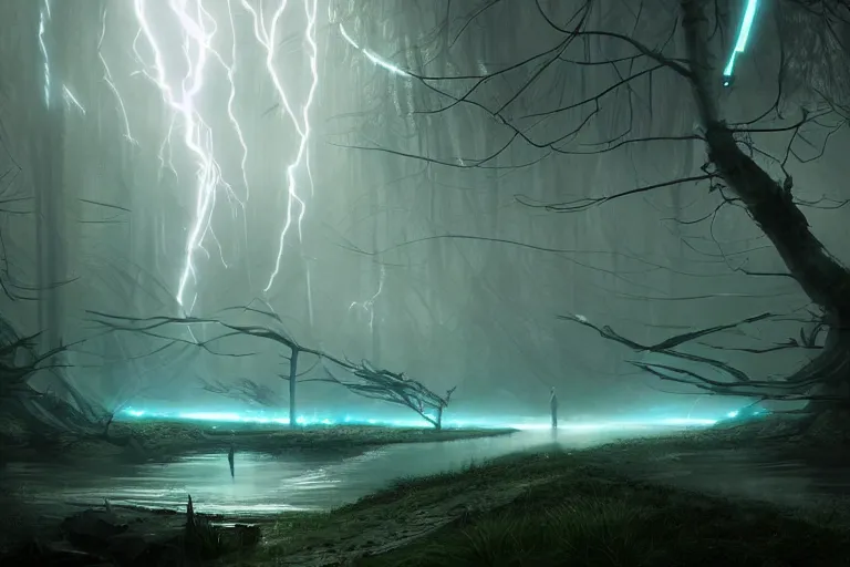 Prompt: sci - fi landscape inspired by tron : legacy surreal landscape in a magical forest, greg rutkowski, digital art, fantasy art, volumetric lightning, volumetric shadows, very high detail, unreal engine, cinematic lightning, high quality