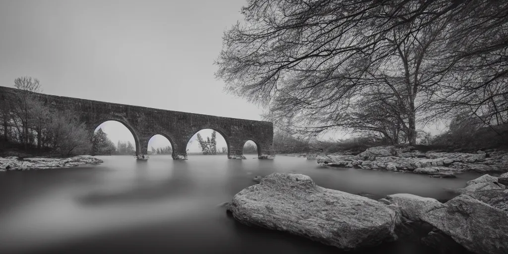 Prompt: still long exposure masterpiece photography of an antic arch bridge, emerging from the lake water, lomography, monochromatic, light blue shift, mist