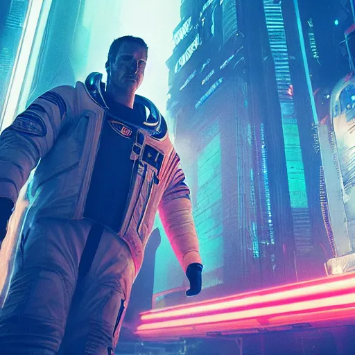 Image similar to professional photo of astronaut looking in the camera from low angle shot, cyberpunk background, blade runner, hyperrealistic masterpiece, trending on artstation, cgsociety, kodakchrome, golden ratio, cinematic, composition, beautiful lighting, hyper detailed, sharp focus, octane render, 4 k, unreal engine