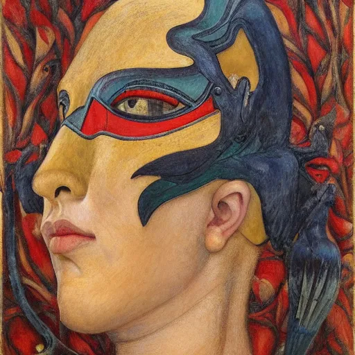 Image similar to the factory queen in her bird mask, by annie swynnerton and diego rivera and lucien freud and jean delville, symbolist, dramatic lighting, elaborate geometric ornament, head and shoulders view, art brut, soft pastel colors, smooth, sharp focus, extremely detailed, adolf wolfli, leo and diane dillon, nicholas roerich