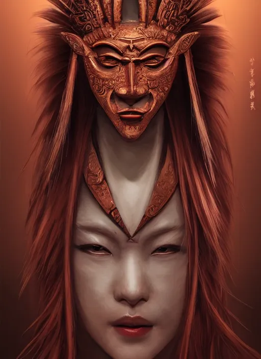 Image similar to a beautiful detailed oil on copper art illustration of a japanese tengu mask woman, centered, by charlie bowater, zeng fanzh, trending on artstation, dim dusk lighting, cinematic lighting, detailed lighting, volumetric lighting, realistic, f 8, 4 k hd wallpaper