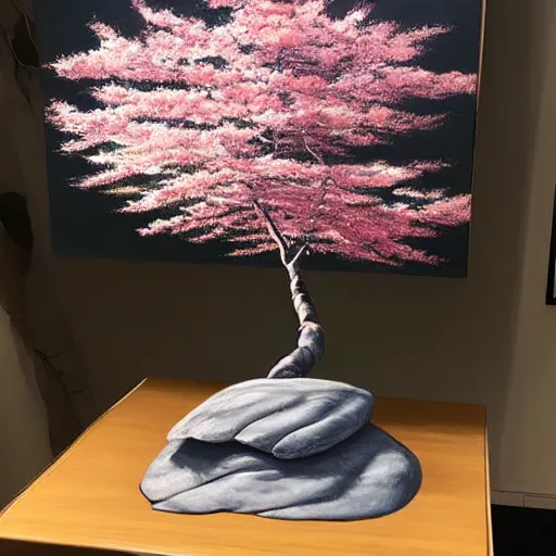 Image similar to a sculpture of sakura tree on the table, hyperrealism oil painting